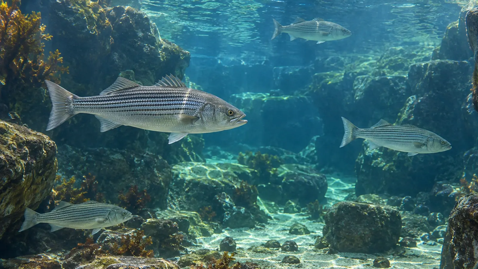 Bar rayé adulte à l’œil d’aspect normal dans un grand bassin d’aquarium public, sans lésion représentée.