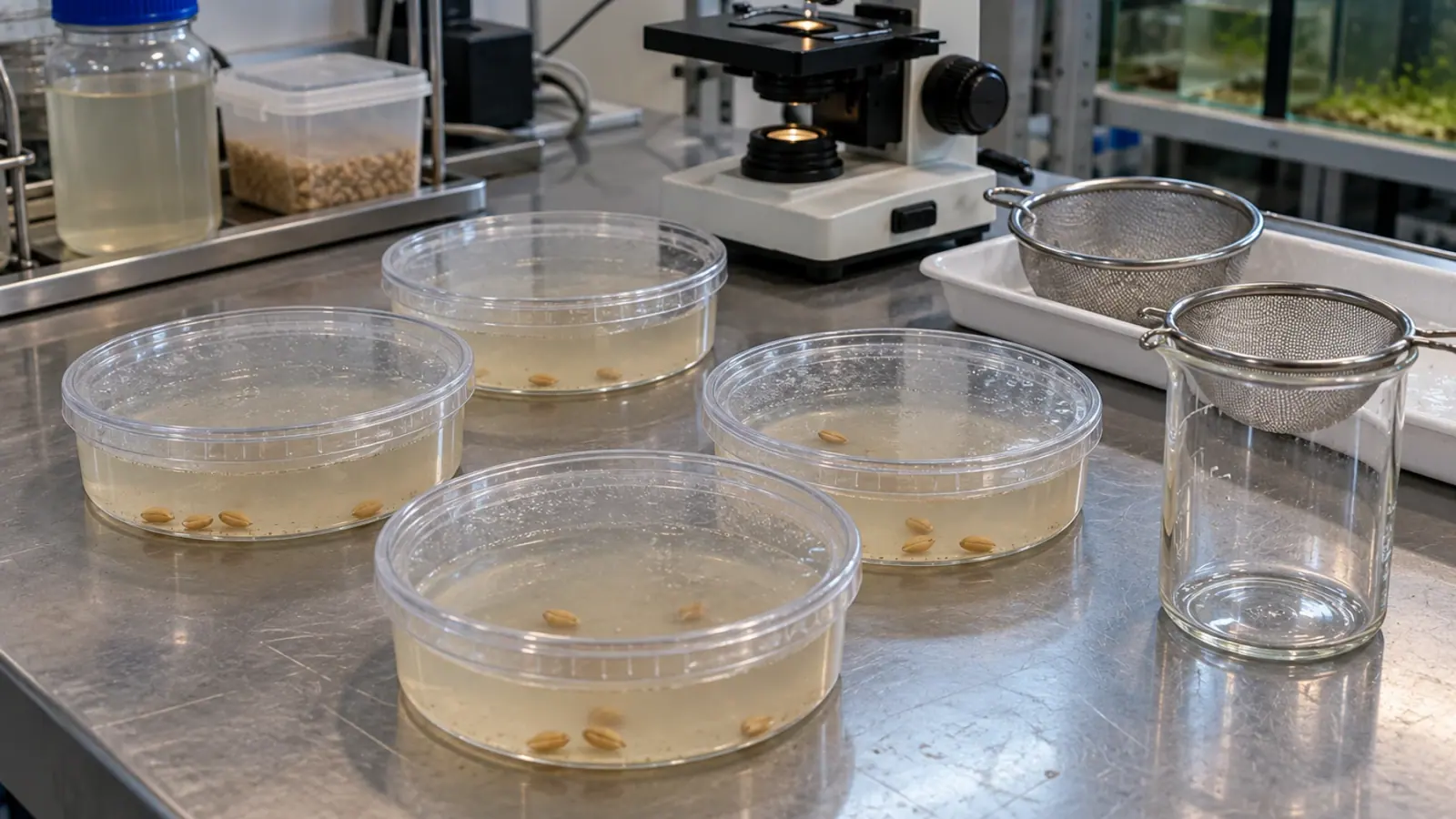 Récipients peu profonds de culture de paramécies et tamis de récolte dans une animalerie de recherche.