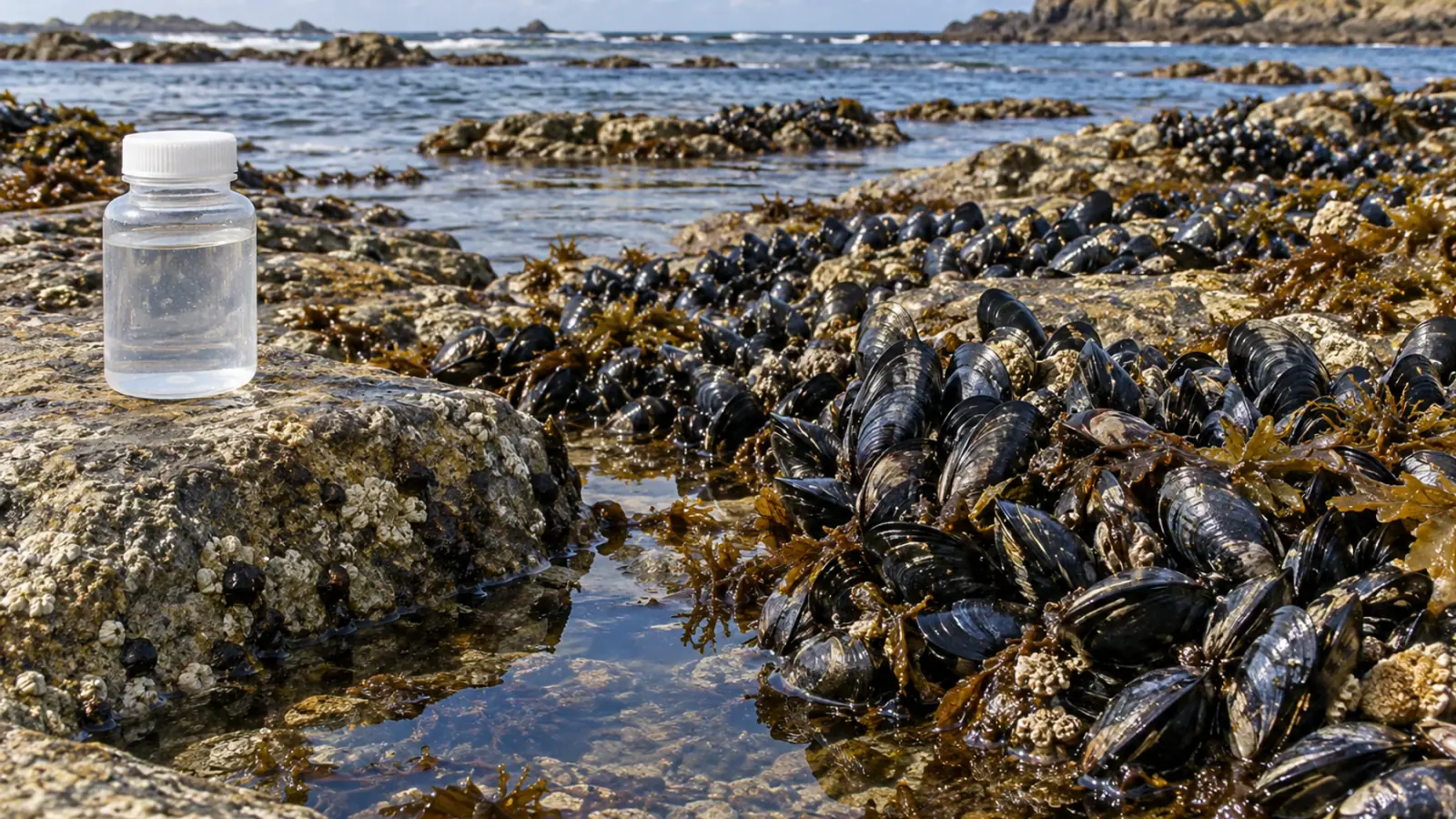 Blue mussels attached to intertidal rocks beside a capped water-sampling bottle.