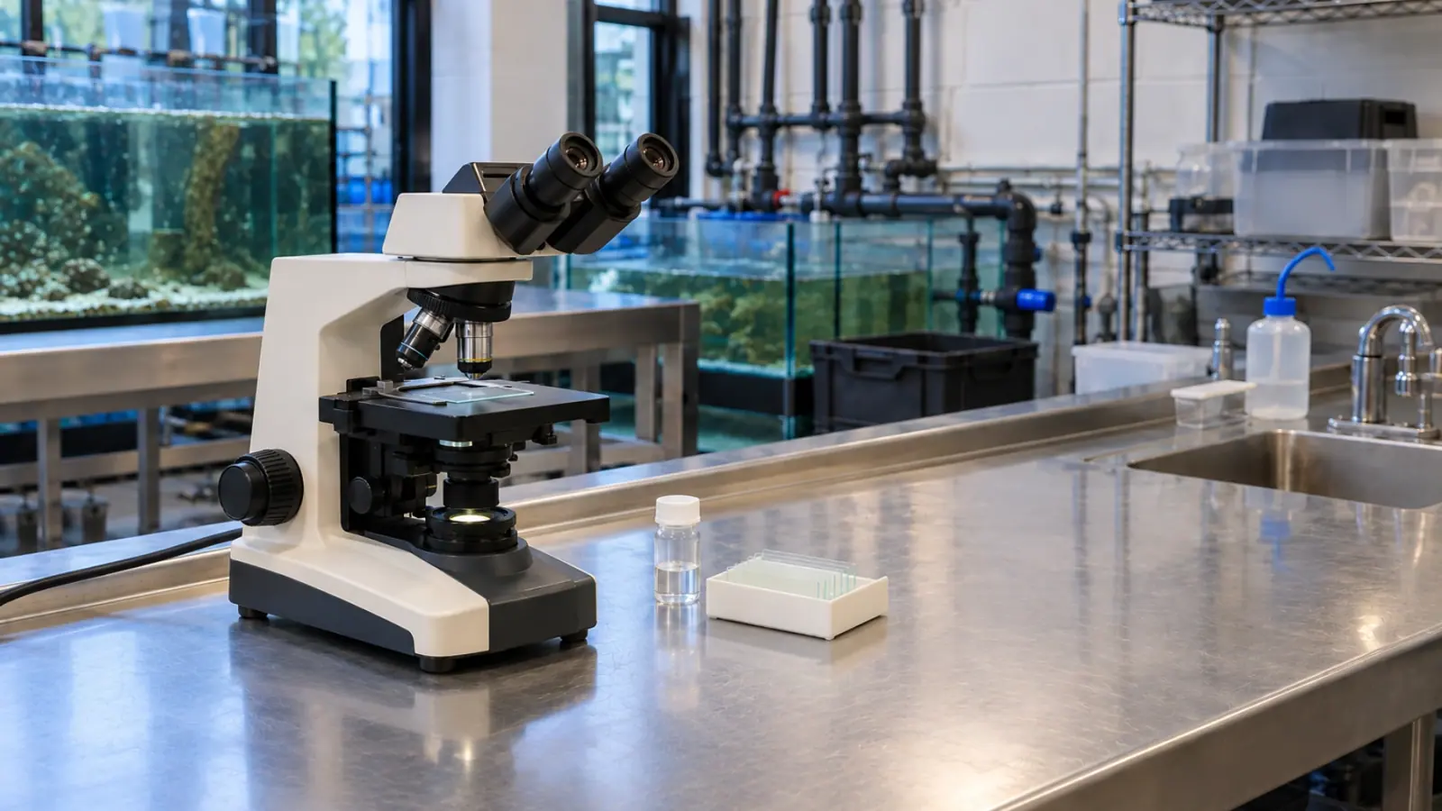 Microscope and prepared slide on an aquatic diagnostic bench.