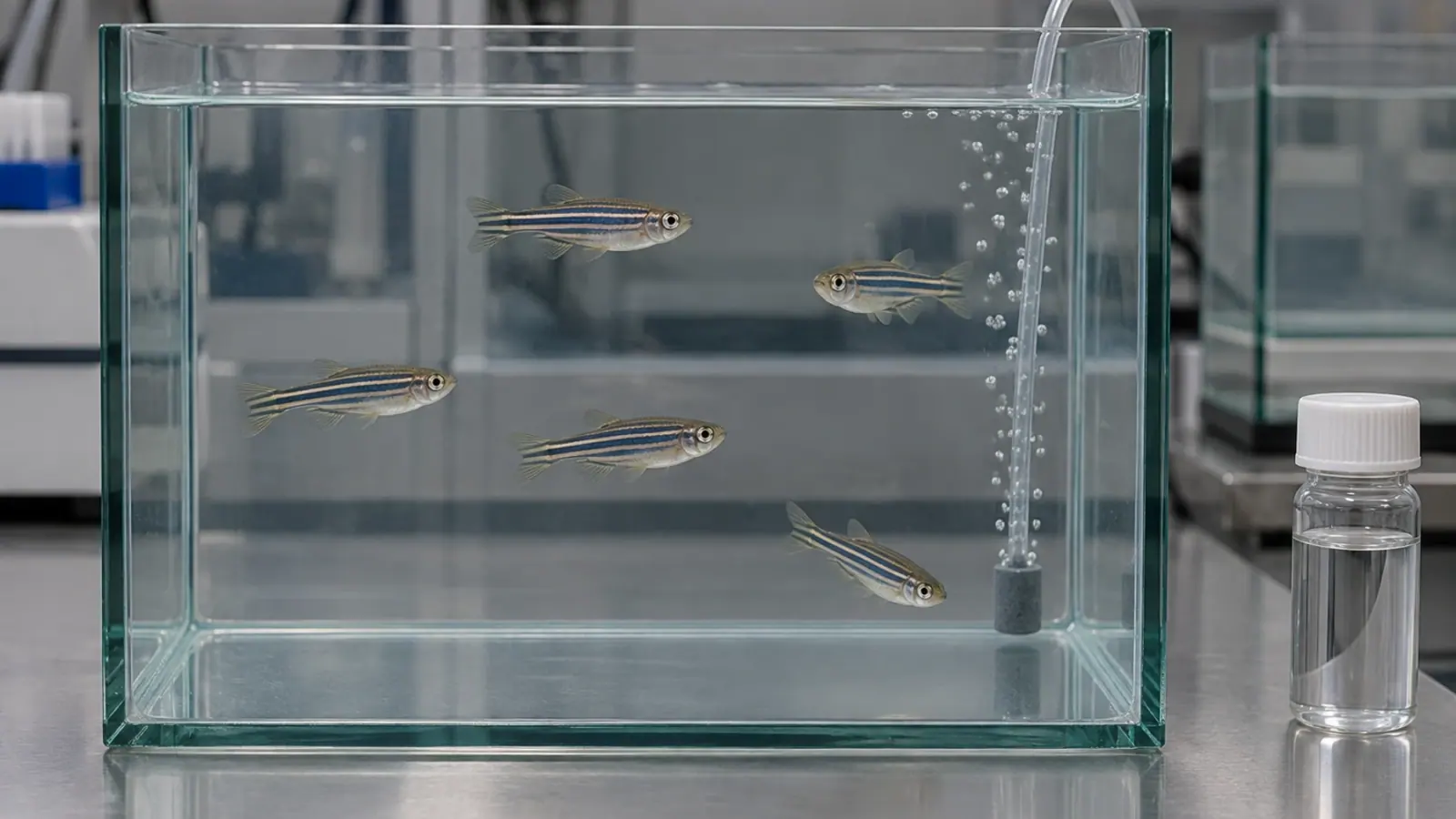 Adult zebrafish in a freshwater experimental aquarium, with no visible clinical signs.