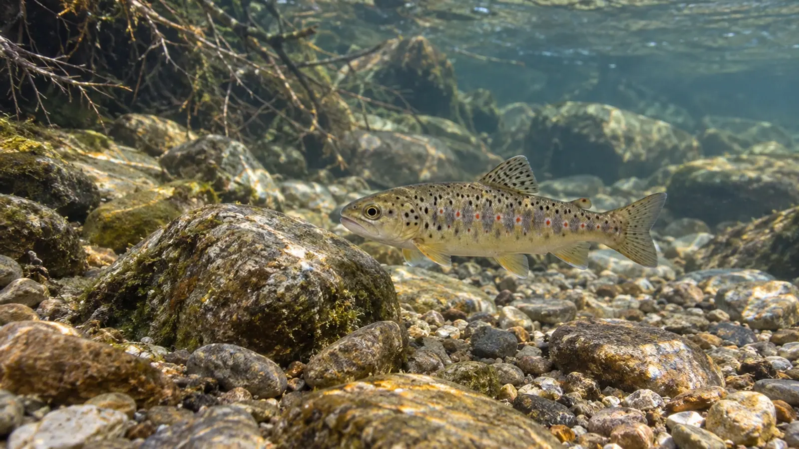 Truite fario juvénile dans un ruisseau à fond de graviers.