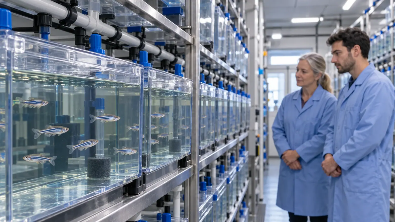 Deux membres du personnel observent les bacs d’une animalerie de poissons-zèbres.