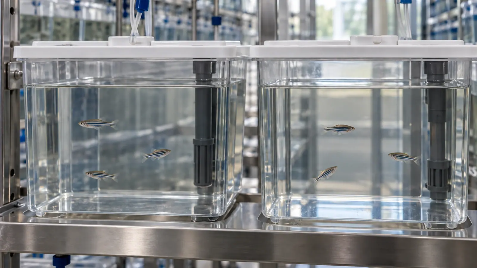 Poissons-zèbres adultes dans des bacs distincts d’une animalerie de recherche