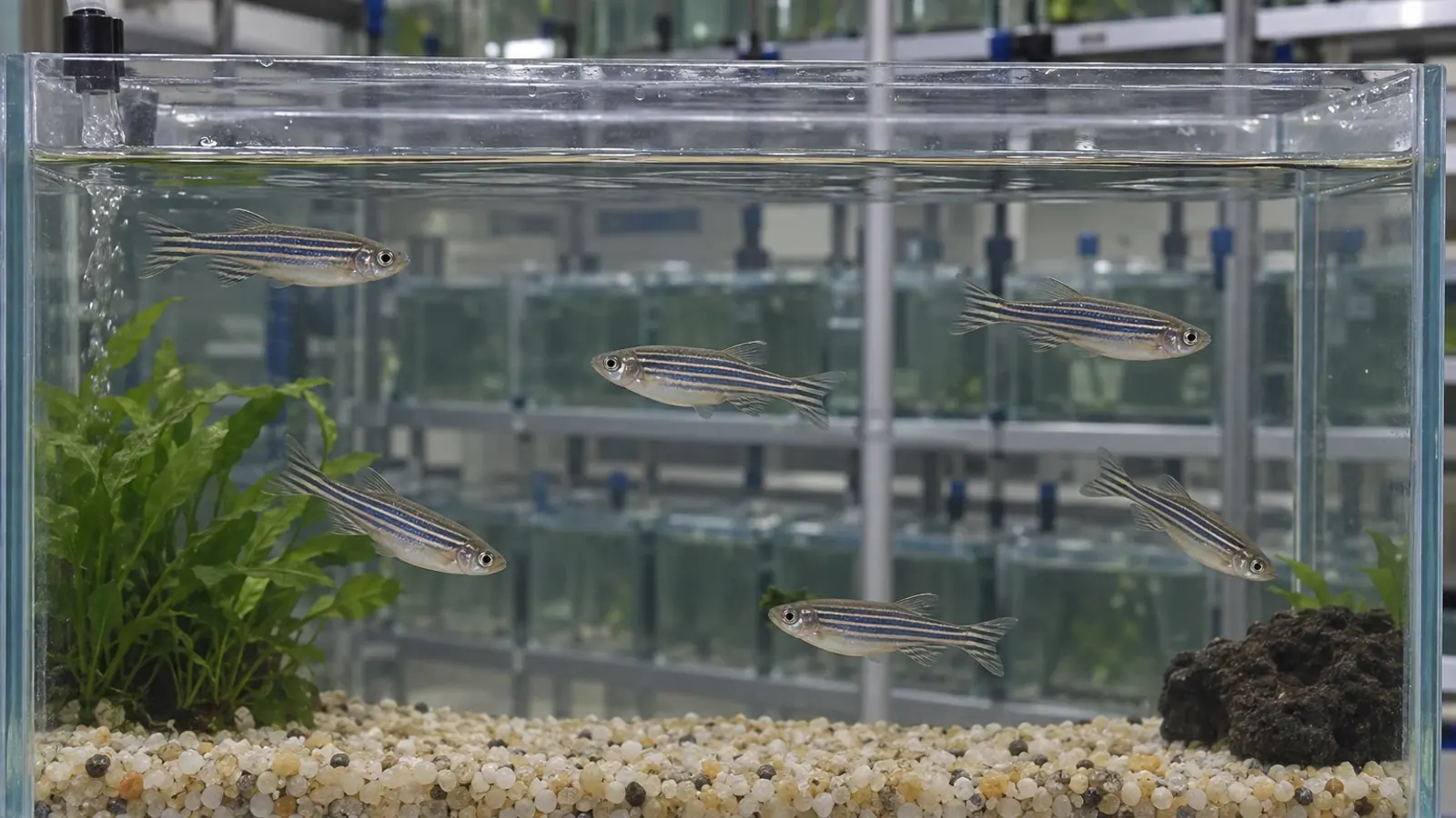 Poissons-zèbres adultes observés dans un bac d’une installation de recherche.