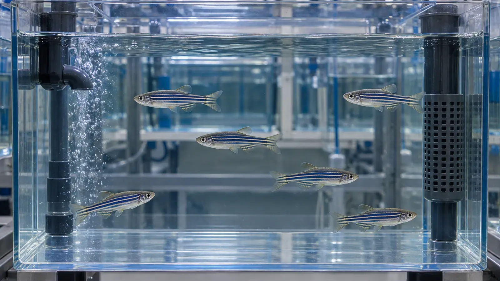 Petit groupe de poissons-zèbres adultes dans un bac relié au circuit d’une animalerie de recherche, avec arrivées et sorties d’eau distinctes.