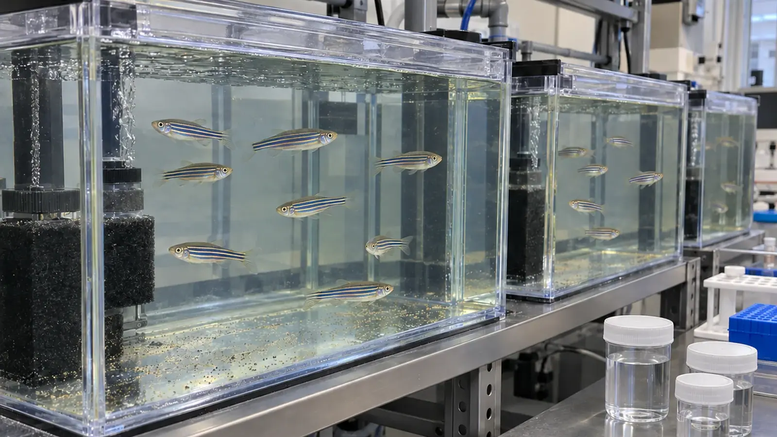 Bacs de poissons-zèbres en animalerie de recherche, avec filtration et contenants de prélèvement séparés.