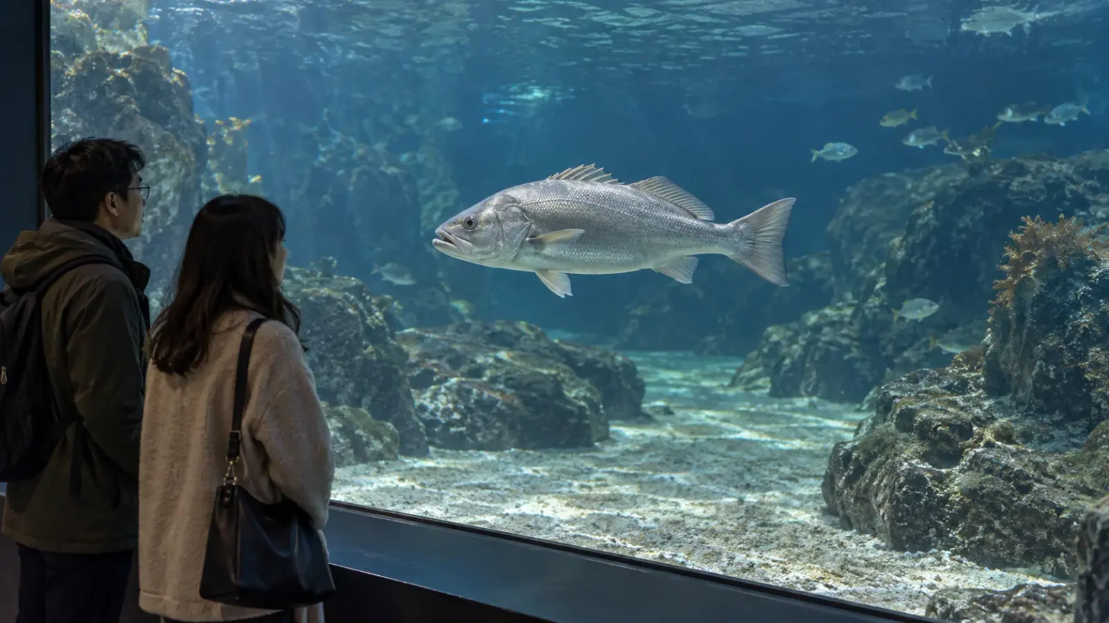 Visiteurs observant un grand poisson argenté dans un aquarium public