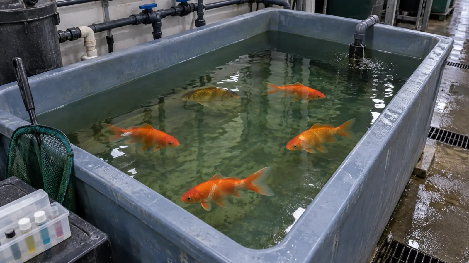 Poissons rouges en observation dans un bassin indépendant d’accueil, avec matériel réservé à proximité.