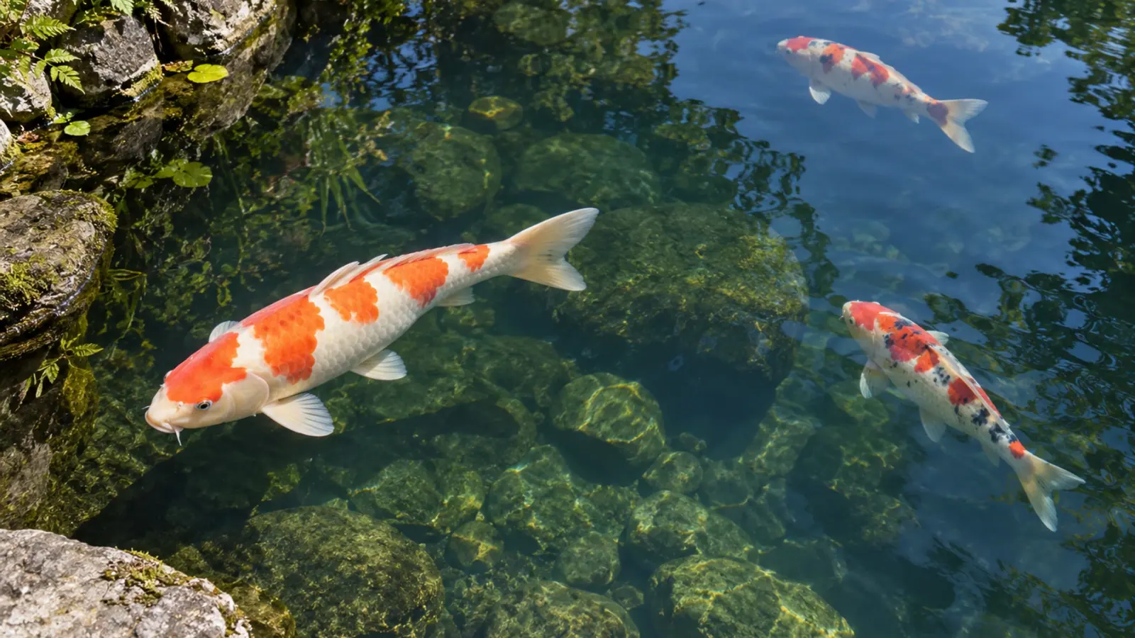 Carpes koï nageant dans un bassin d’eau douce bordé de pierres.