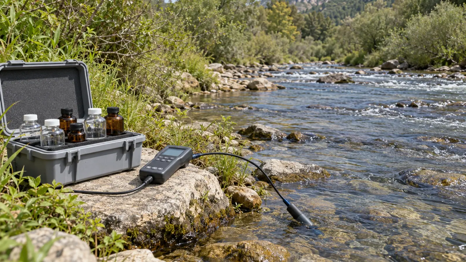 Prélèvement d’eau dans une rivière avec flacons fermés et sonde de mesure sur la berge