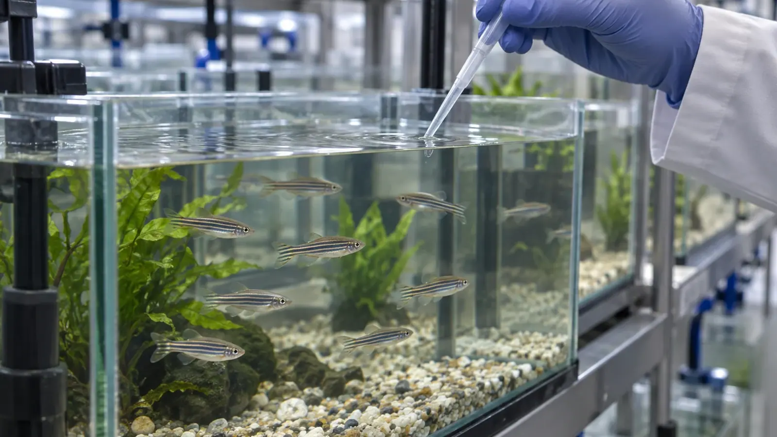 Poissons-zèbres nageant dans un bac d'animalerie avec prélèvement d'eau en cours