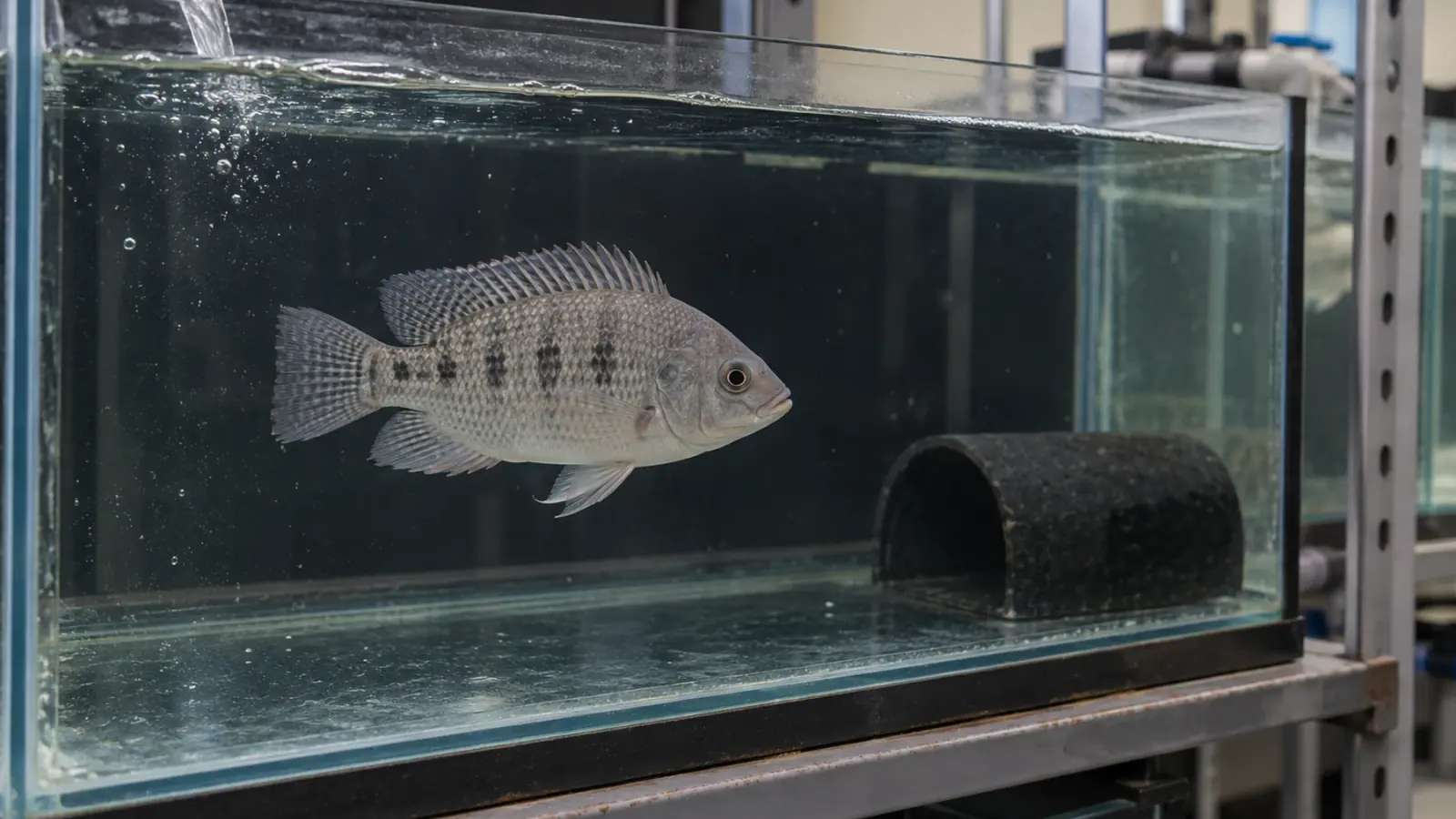 Tilapia du Mozambique adulte observé dans un bac de suivi en animalerie de recherche, sans prélèvement en cours.