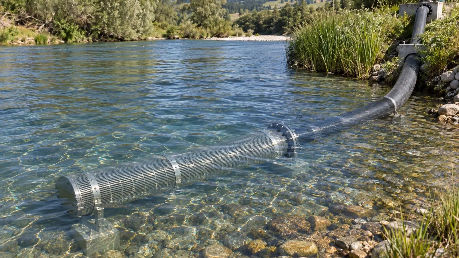 Crépine cylindrique immergée reliée à une prise d’eau en rivière.