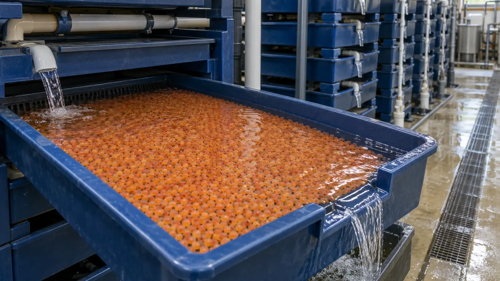 Œufs de truite arc-en-ciel dans un incubateur d’écloserie alimenté en eau douce.