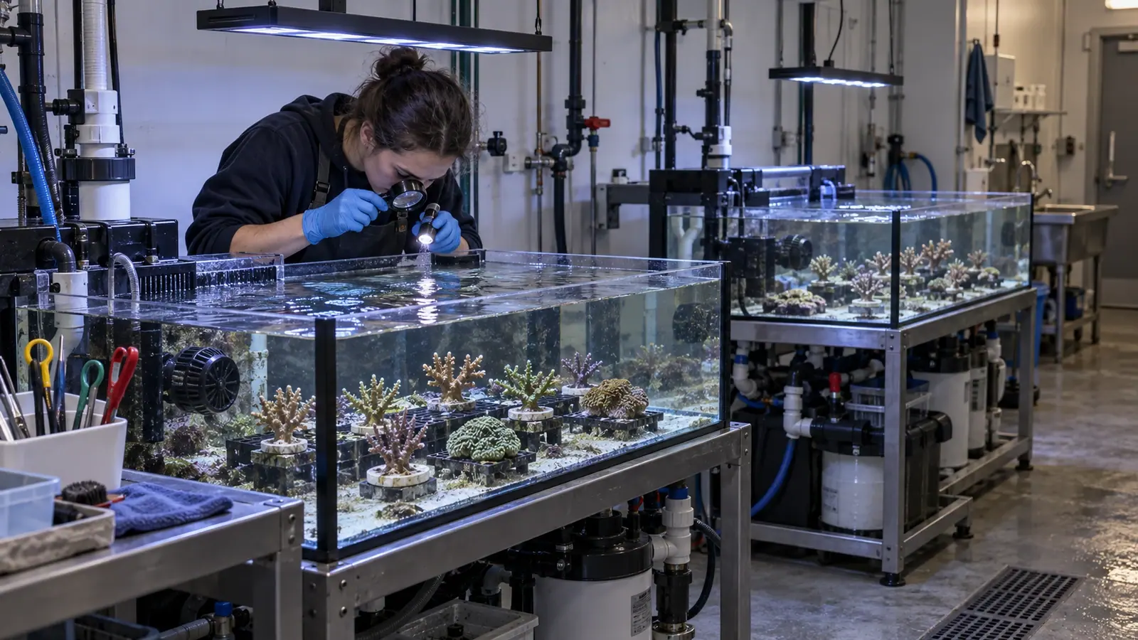 Soigneuse inspectant des fragments de coraux dans un bassin de quarantaine séparé