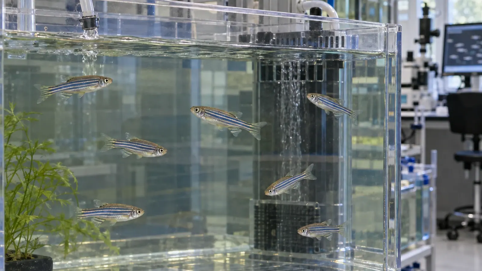 Poissons-zèbres adultes dans un bac d’animalerie, avec un poste d’imagerie en arrière-plan.