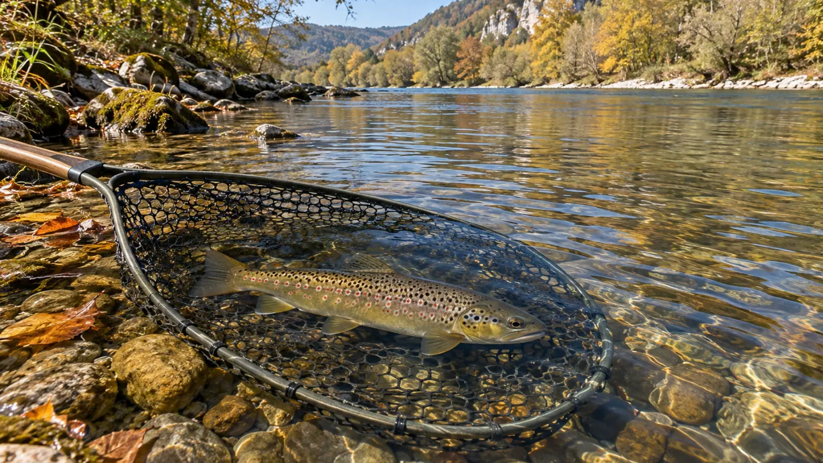 Truite fario entièrement immergée dans une épuisette caoutchoutée au bord d’une rivière.