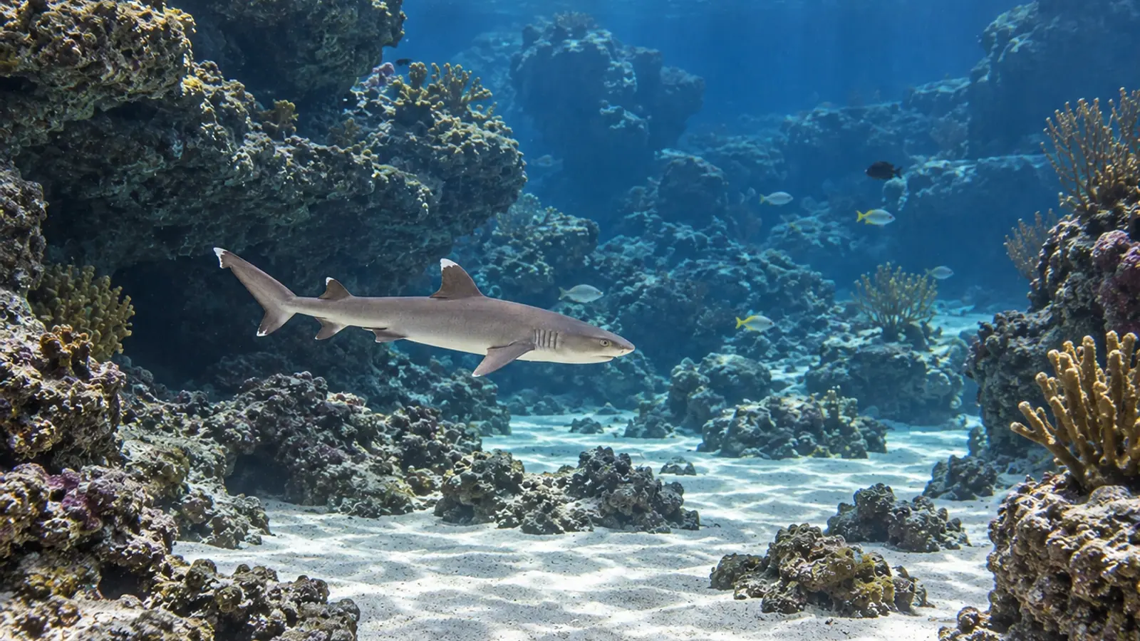 Requin-corail nageant au-dessus du fond rocheux d’un grand bassin marin.