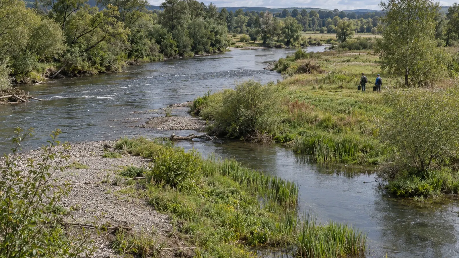 Rivière et chenal latéral bordés de végétation, avec deux observateurs sur la berge.