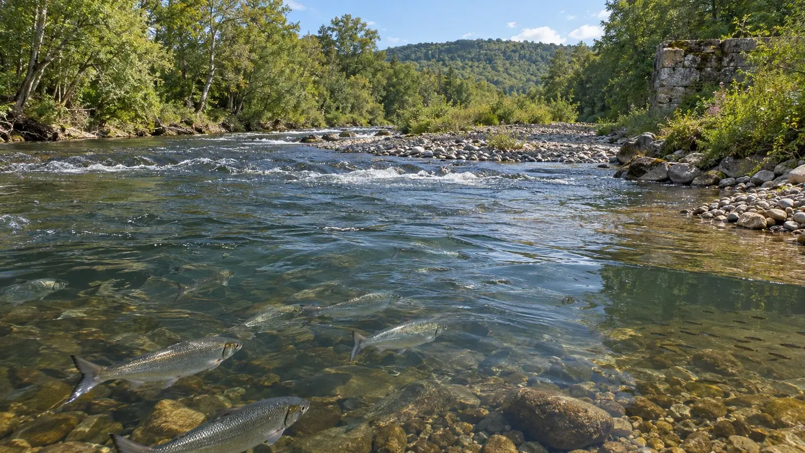 Rivière restaurée après retrait d’un petit barrage avec écoulement naturel, galets et poissons d’eau douce