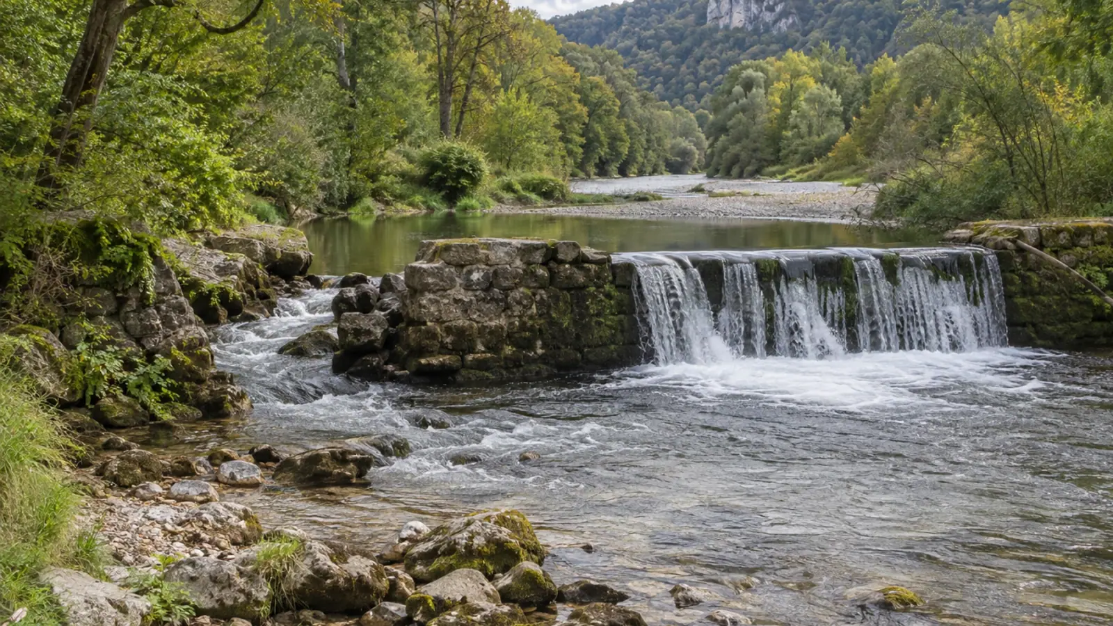 Seuil ancien en pierres dans une rivière boisée, avec une ouverture latérale où circule l’eau.
