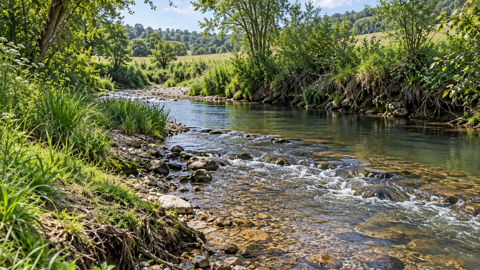 Petit cours d’eau restauré présentant des profondeurs, substrats et berges variés dans un paysage rural français.