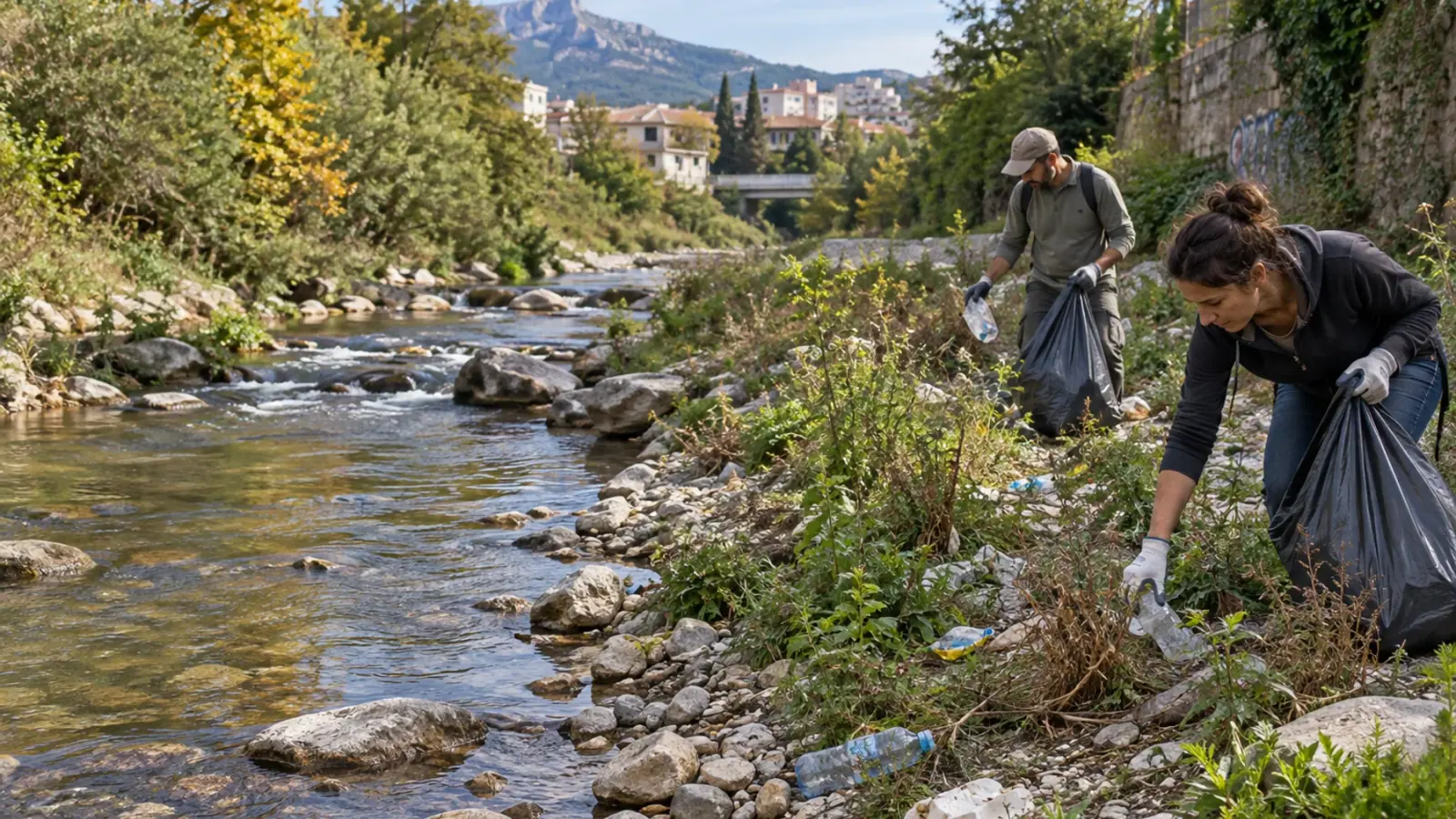 Berge de rivière méditerranéenne avec des bénévoles collectant des déchets visibles sans entrer dans l’eau.