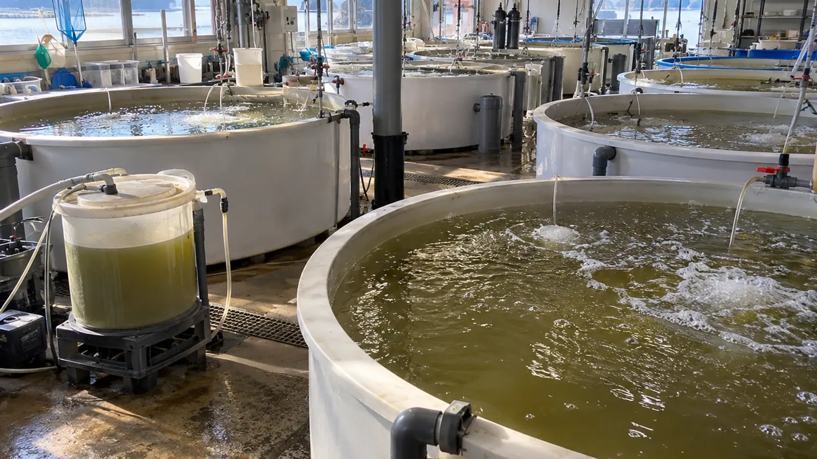 Cuves de production de rotifères avec eau de culture, aération et conduites dans une écloserie marine.