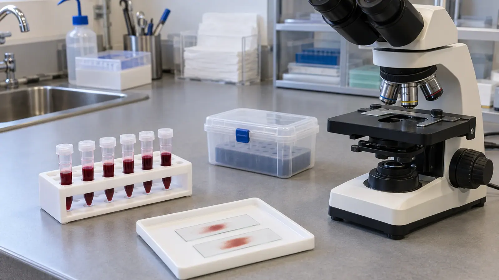 Tubes fermés et lames préparées sur le poste de diagnostic d’un aquarium public.