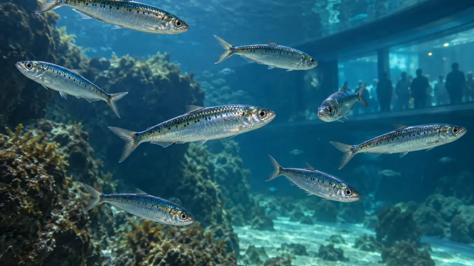 Banc de sardines nageant dans un vaste bassin marin d’aquarium public.
