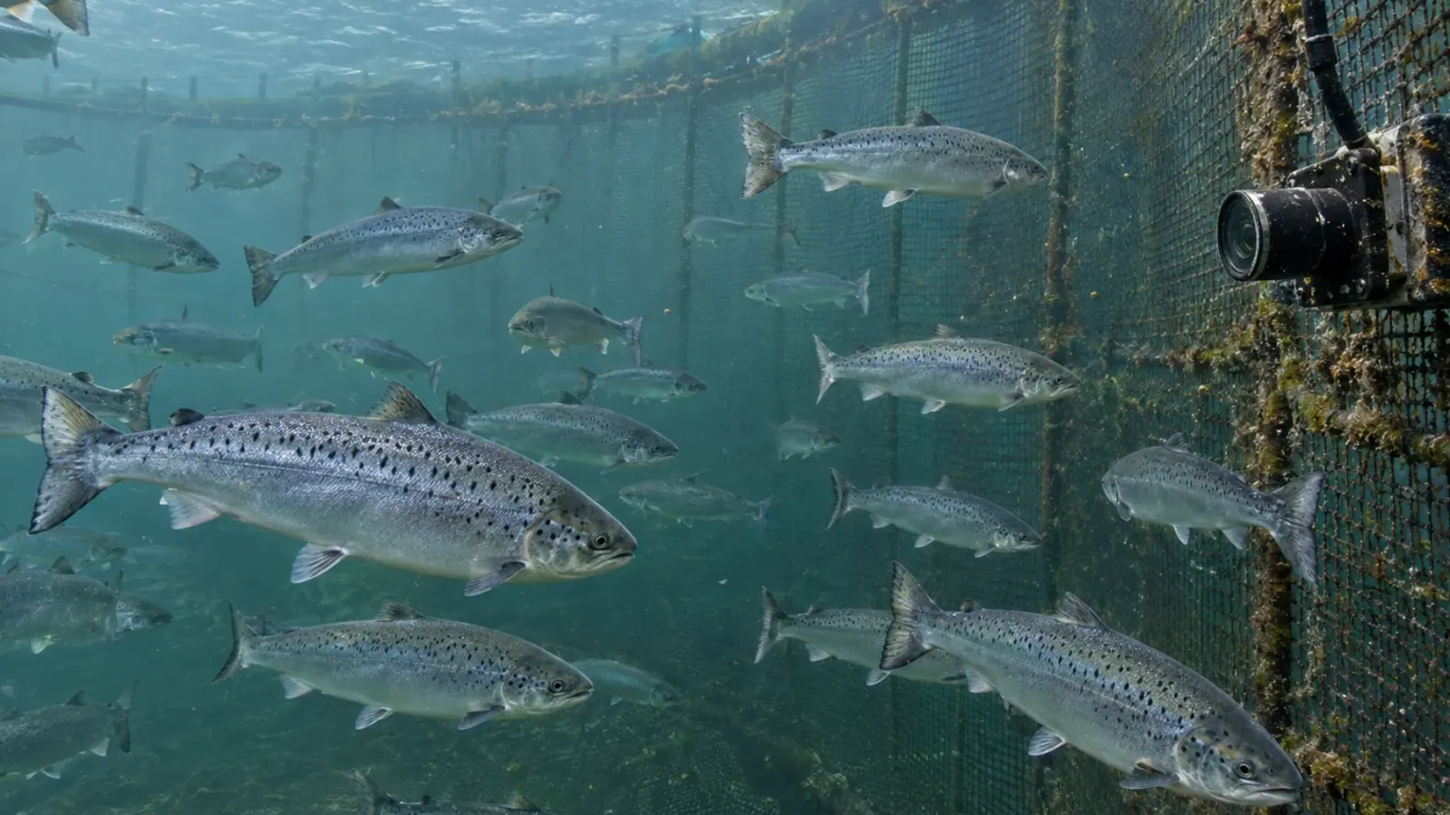 Saumons atlantiques dans une cage marine d’élevage observée par une caméra immergée.