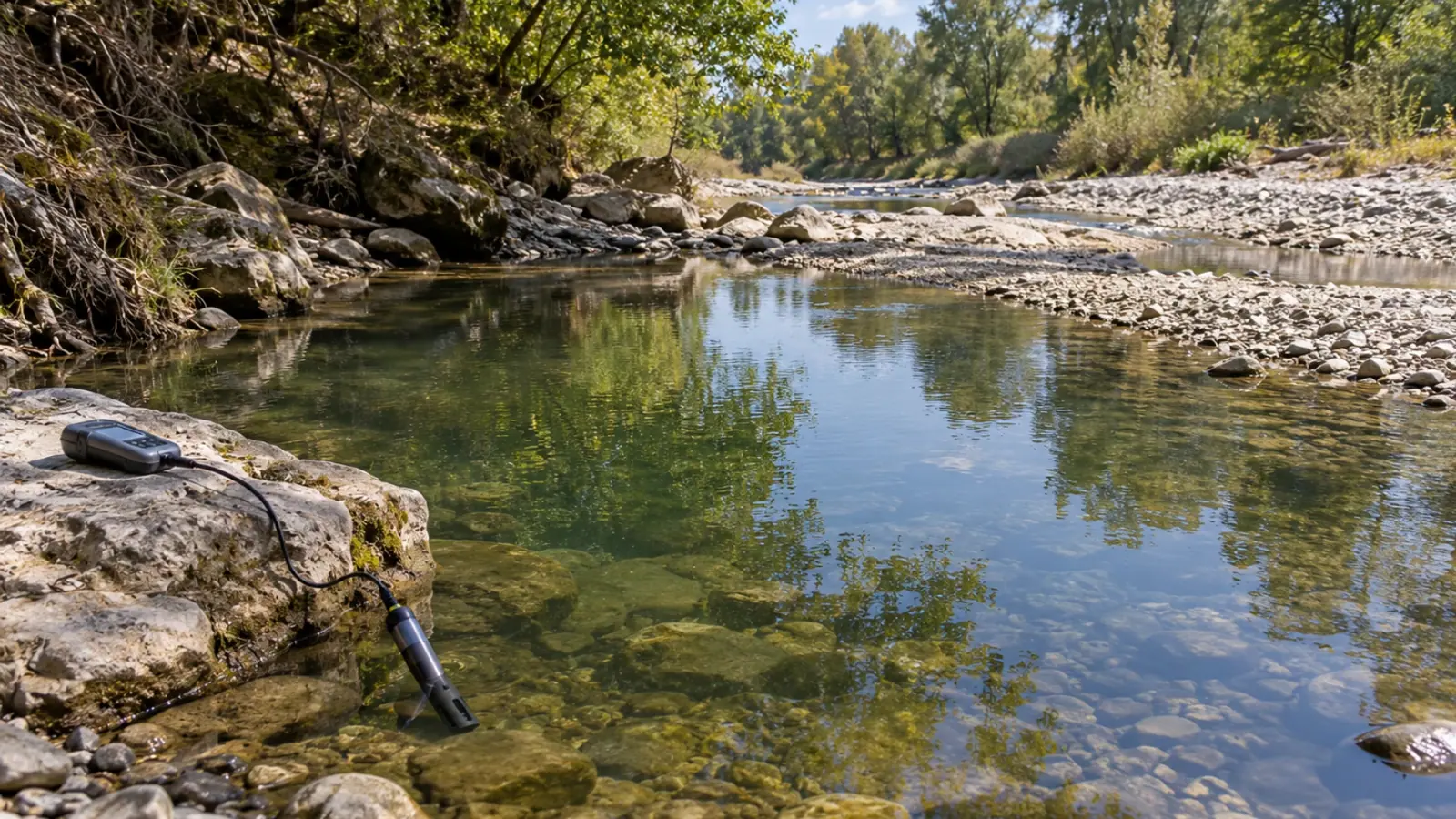 Bassin résiduel d’une rivière à l’étiage avec une sonde de mesure