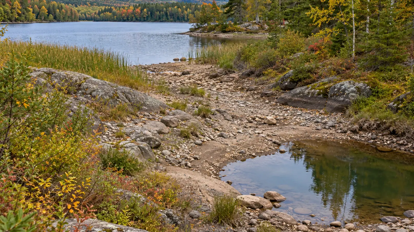 Lac côtier relié à un chenal de sortie interrompu par une portion asséchée, illustration non géolocalisée.