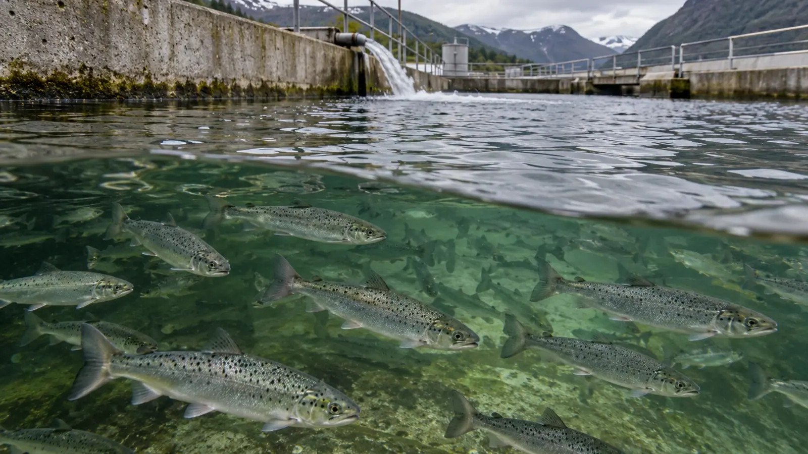 Young Atlantic salmon swimming in a farm raceway with a water inlet and service walkway.