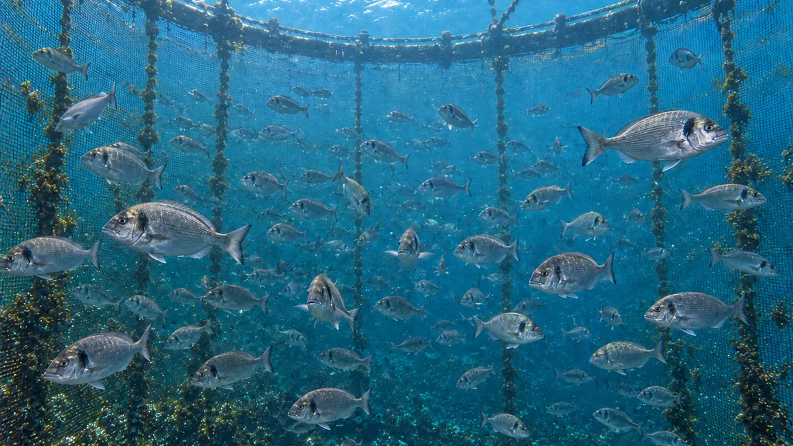 Dorades royales nageant à différentes profondeurs dans une cage marine d’élevage.