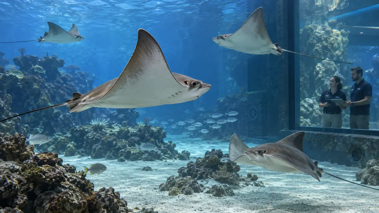 Raies mourines nageant dans un grand bassin d’aquarium public pendant une observation par les soigneurs