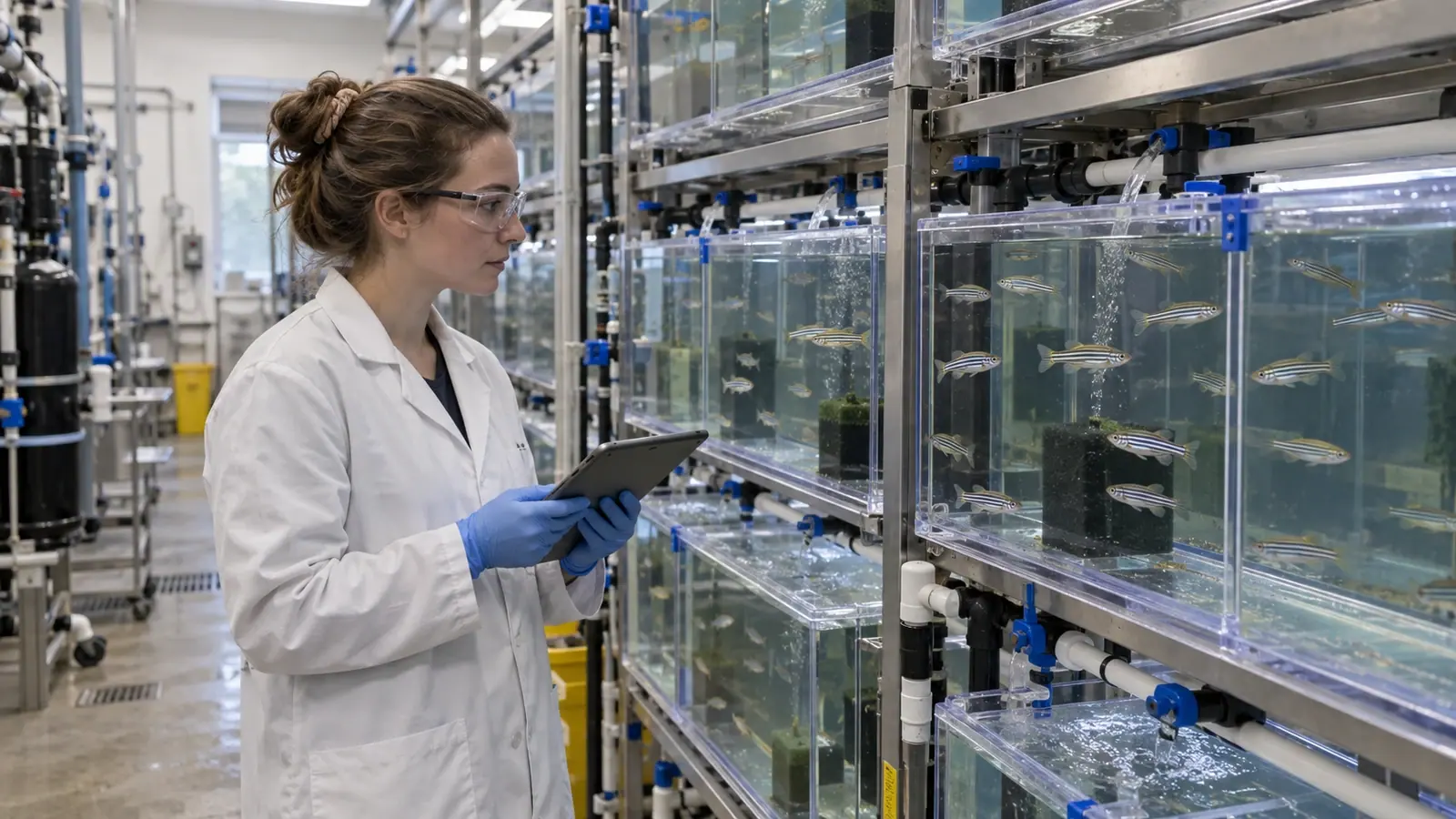 Technicien observant des poissons-zèbres dans un rack d’animalerie aquatique