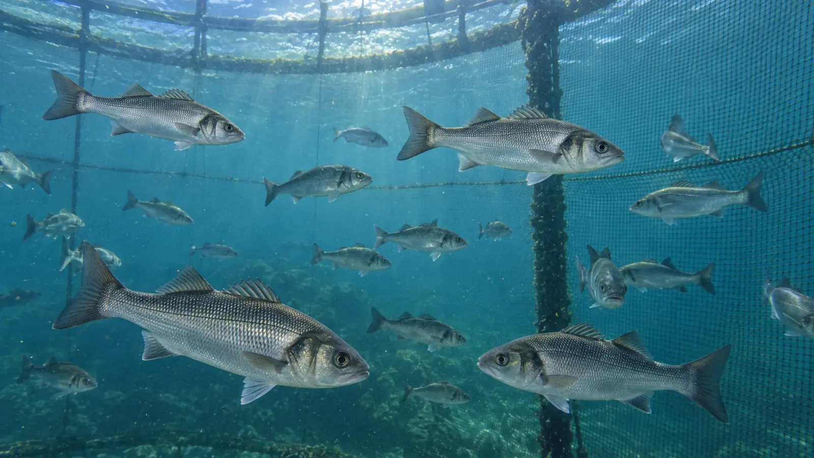 European sea bass swimming at different depths inside a marine farming cage.