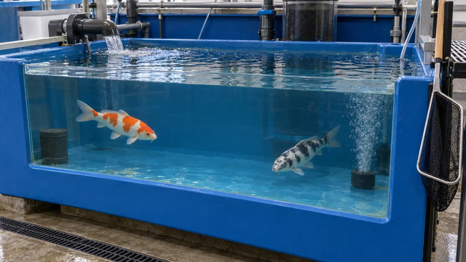 Carpes koï juvéniles dans un bac de quarantaine d’aquarium public avec filtration dédiée