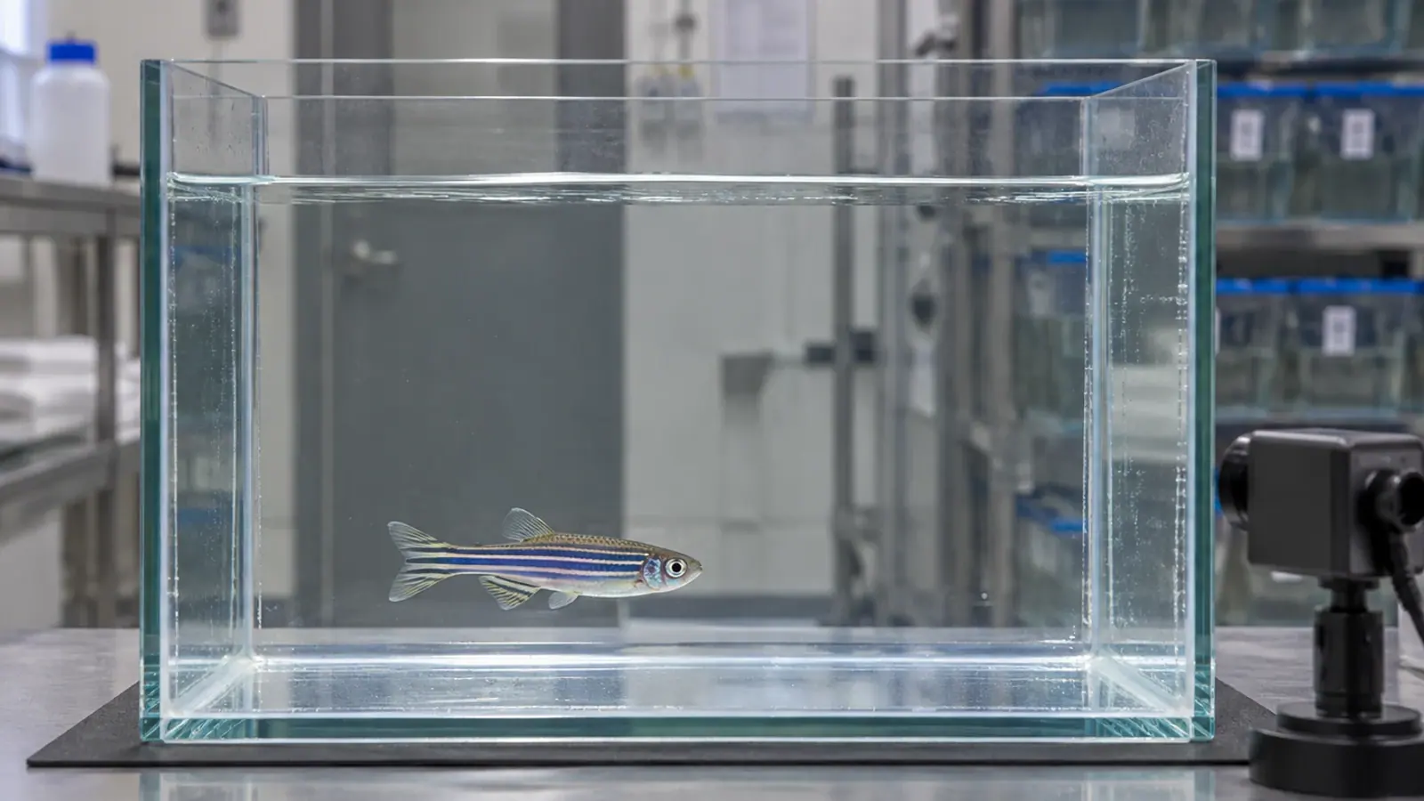 Poissons-zèbres adultes nageant dans un bac d’observation transparent placé dans une animalerie.