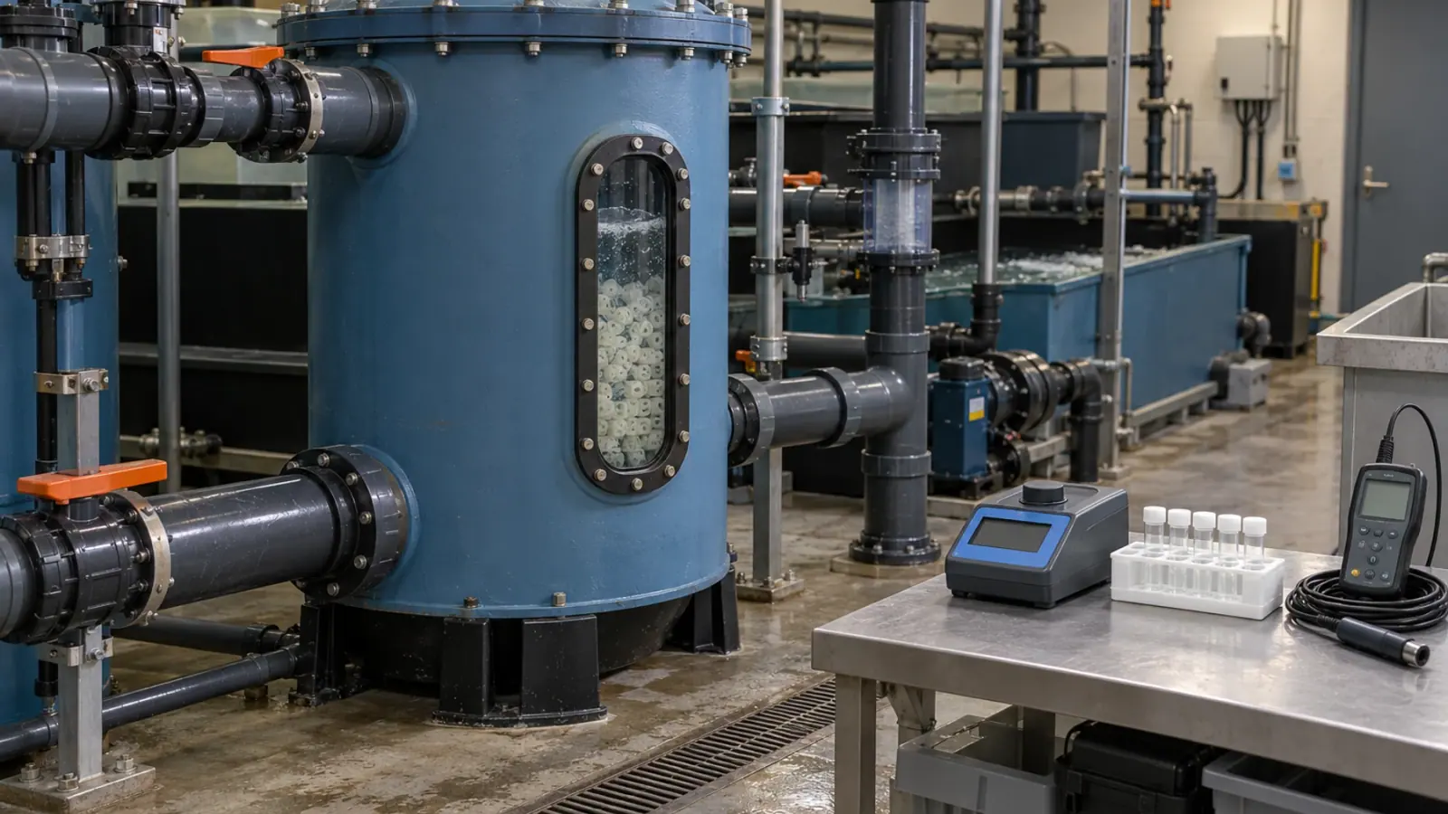 Local technique d’aquarium public avec biofiltre, canalisations et matériel de mesure de l’eau.