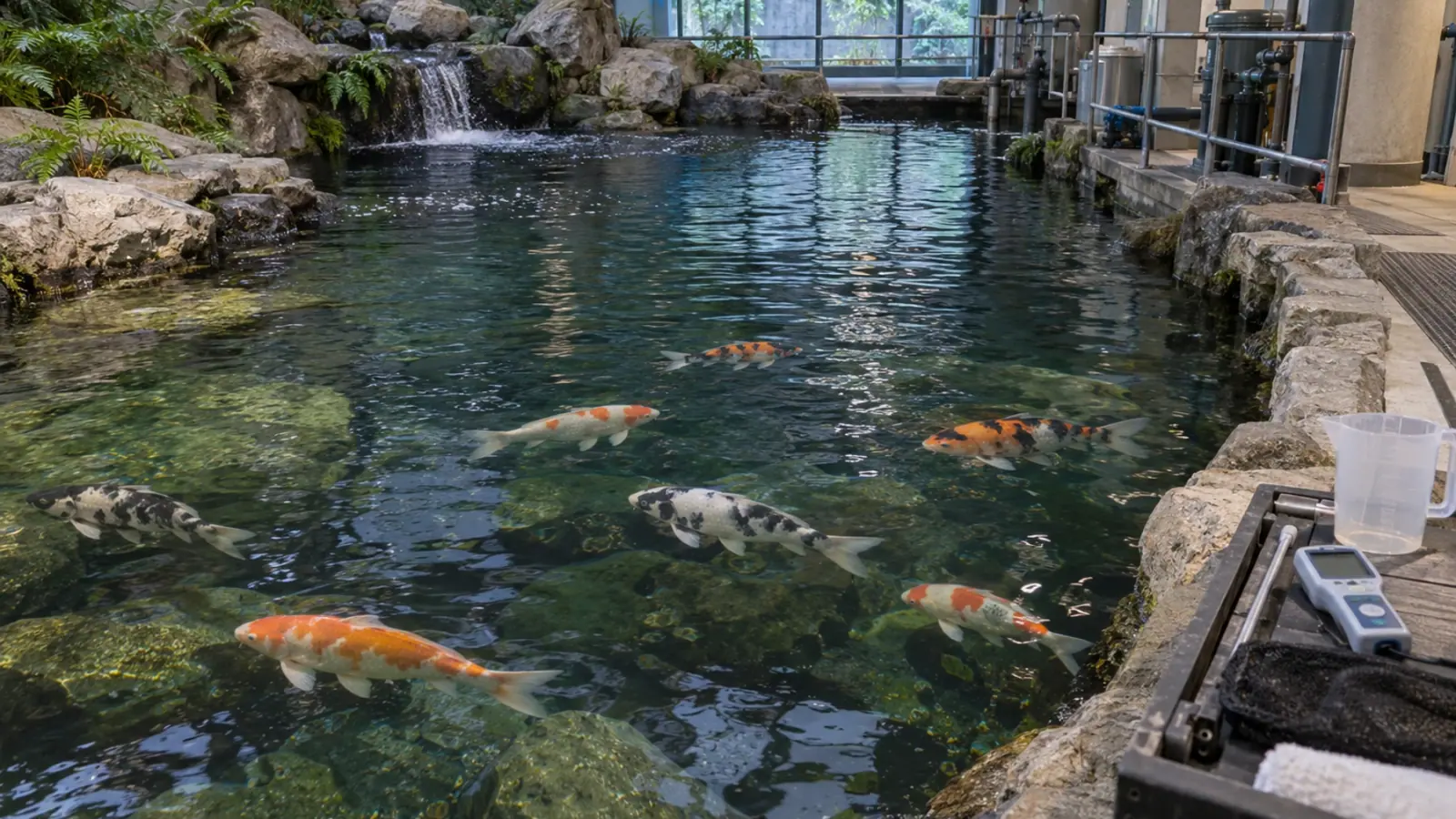 Carpes koï dans un bassin d’exposition observé depuis la galerie technique