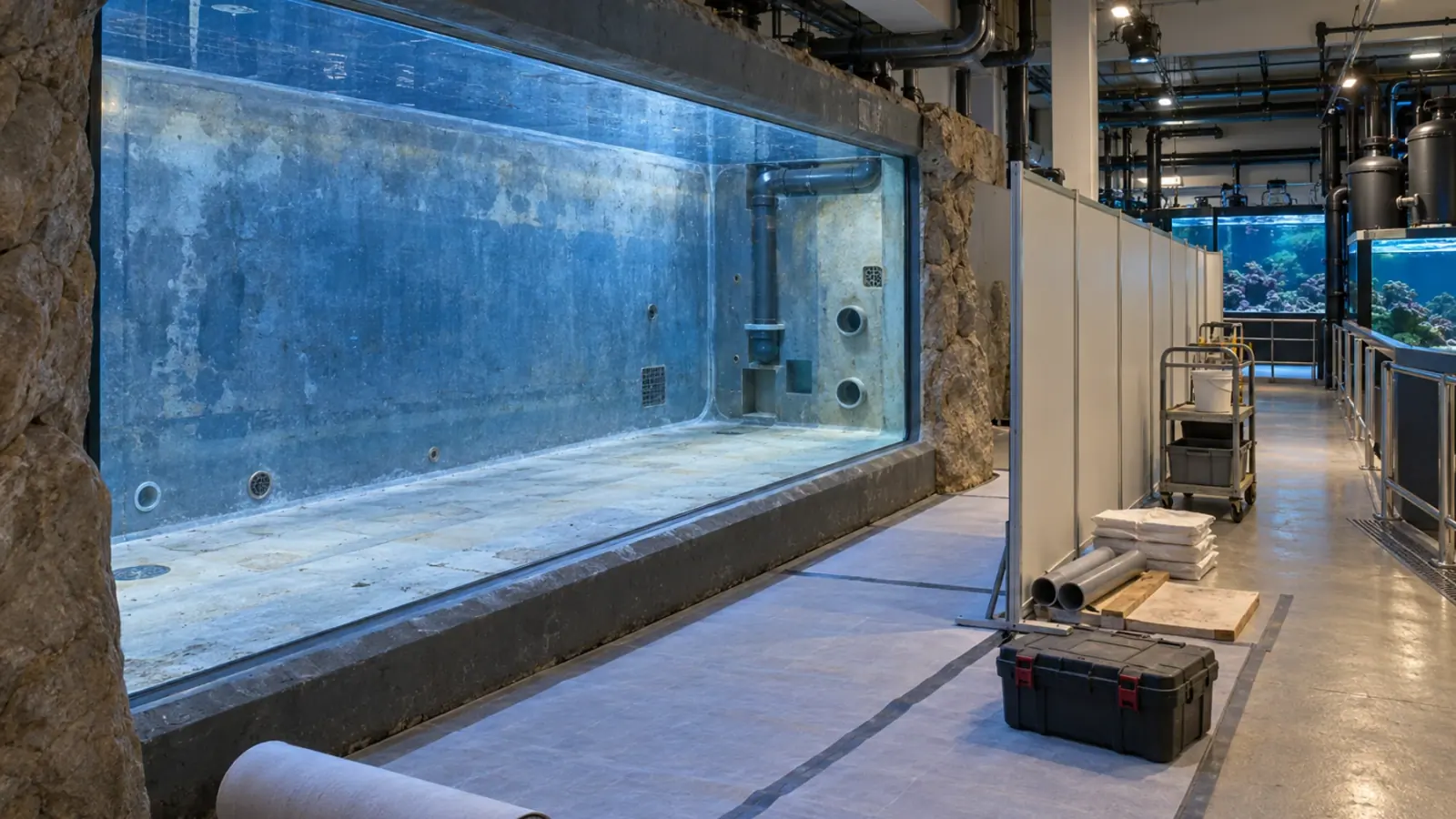 Bassin d’aquarium public vide pendant des travaux, séparé des zones de soins par une cloison temporaire.