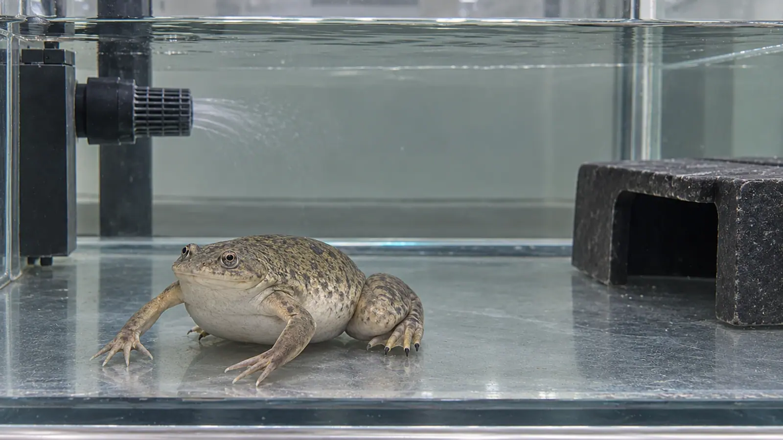 Xénope adulte immergé dans un bac d’animalerie avec un abri.