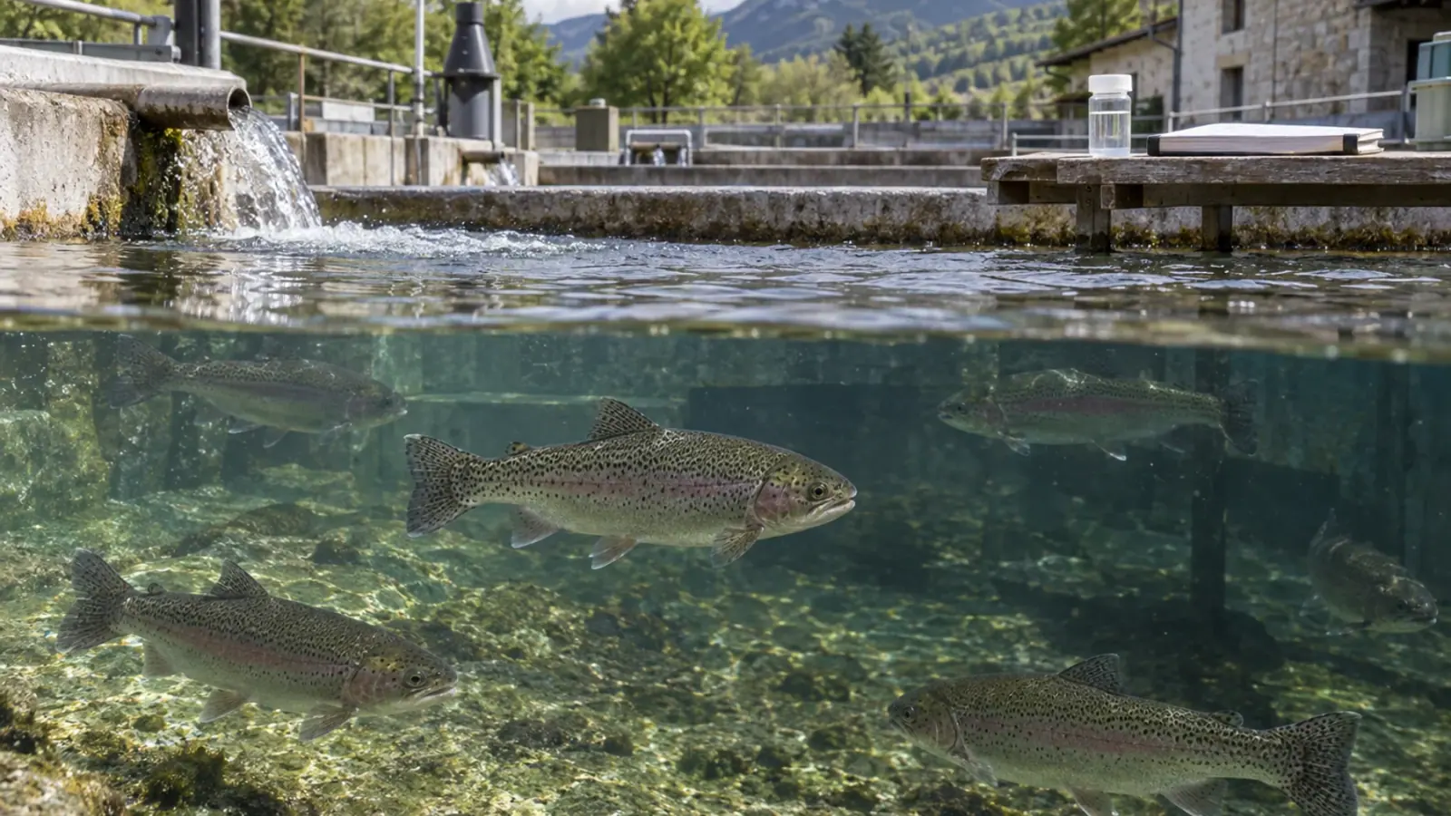 Truite arc-en-ciel nageant dans un bassin de recherche, près d’un poste de prélèvement préparé hors de l’eau.