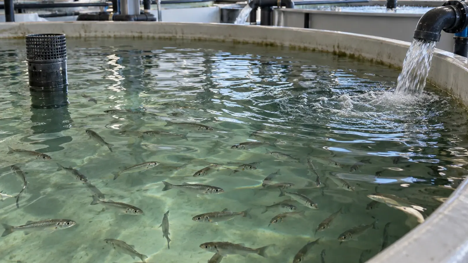 Jeunes bars européens nageant dans un bassin d’écloserie marine équipé d’une arrivée d’eau.